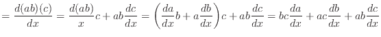 $\displaystyle = \frac{d(ab)(c)}{dx} = \frac{d(ab)}{x}c + ab\frac{dc}{dx} = \big...
...\bigg)c + ab\frac{dc}{dx} = bc\frac{da}{dx} + ac\frac{db}{dx} + ab\frac{dc}{dx}$